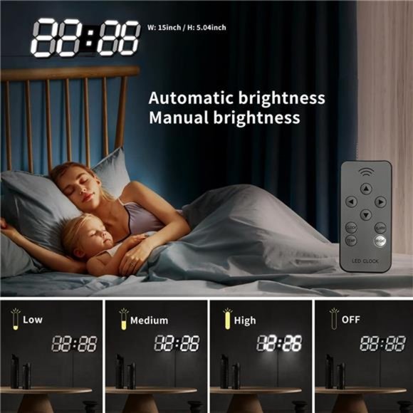 Digital Wall Clocks 15'' 3D LED Aesthetic Clock Alarm Remote Dimmer Thermometer - Picture 3 of 5
